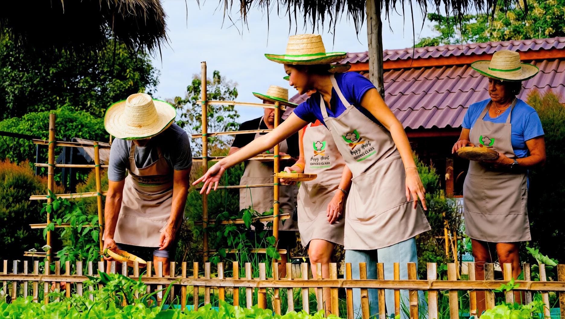 Guests exploring fresh herbs on the farm tour at Happy Herb Cooking Class in Chiang Mai