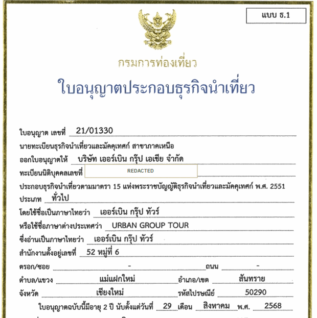 Urban Group Tour tourism business license preview